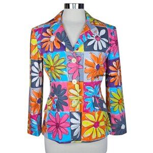Moschino Jeans Vintage '90s Neon Daisy Print Cotton Blazer Jacket Size 10
